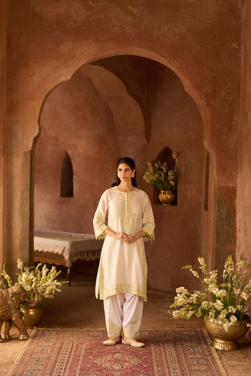 HANI - DAISY IVORY WITH MINT GREEN A-LINE KURTA WITH SALWAR AND DUPATTA silk organza kurta/kurta set by SHEETAL BATRA in daisy ivory with mint green for women in Singapore