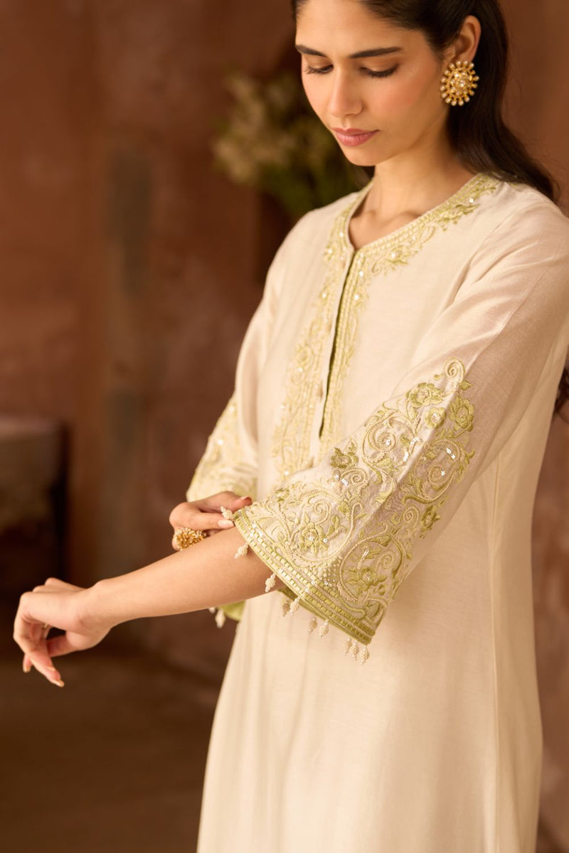 HANI - DAISY IVORY WITH MINT GREEN A-LINE KURTA WITH SALWAR AND DUPATTA silk organza kurta/kurta set by SHEETAL BATRA in daisy ivory with mint green for women in Singapore