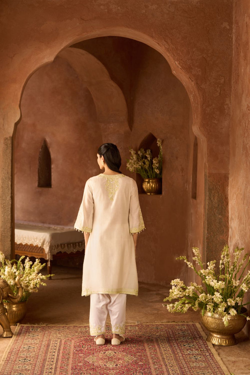 HANI - DAISY IVORY WITH MINT GREEN A-LINE KURTA WITH SALWAR AND DUPATTA silk organza kurta/kurta set by SHEETAL BATRA in daisy ivory with mint green for women in Singapore