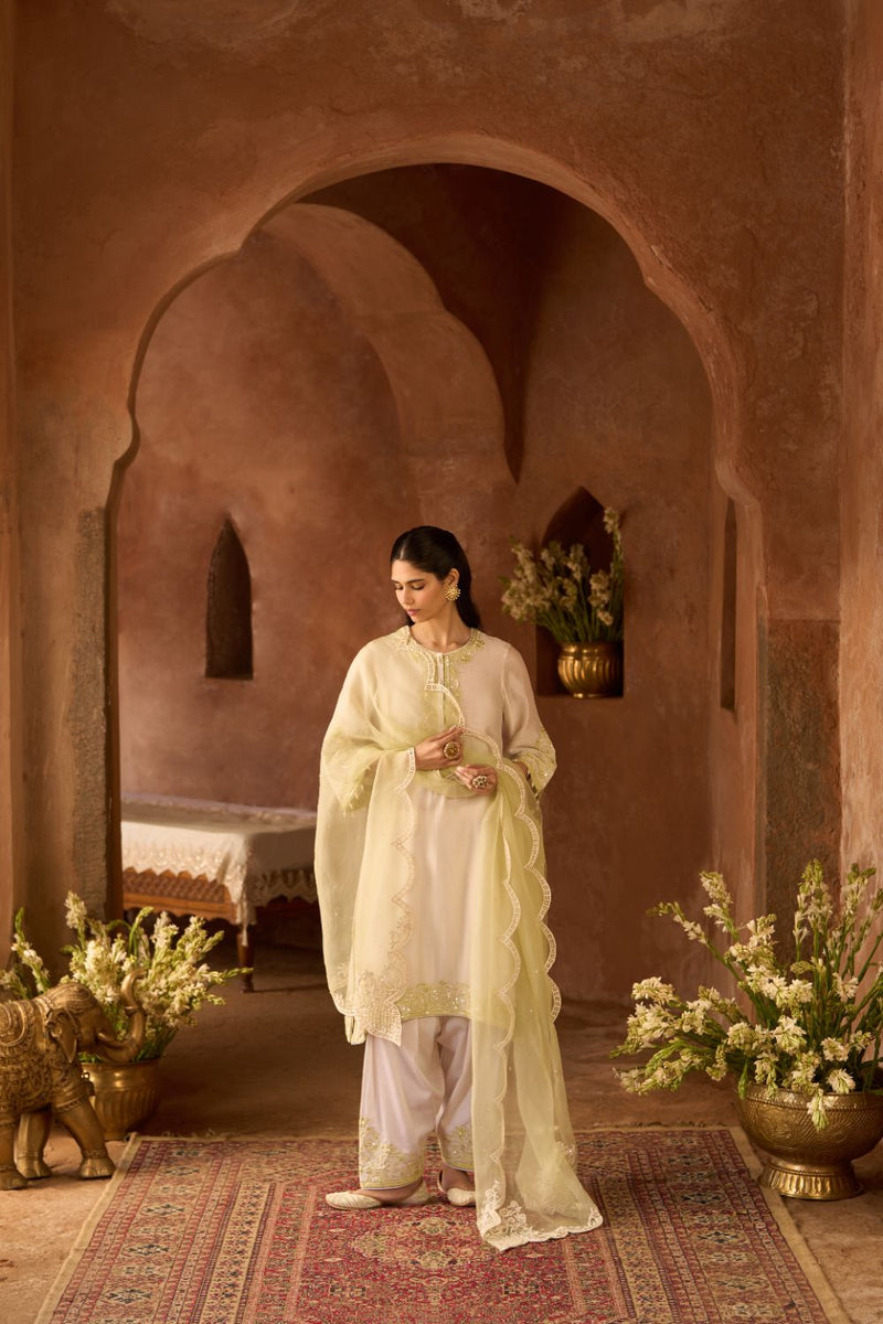 HANI - DAISY IVORY WITH MINT GREEN A-LINE KURTA WITH SALWAR AND DUPATTA silk organza kurta/kurta set by SHEETAL BATRA in daisy ivory with mint green for women in Singapore