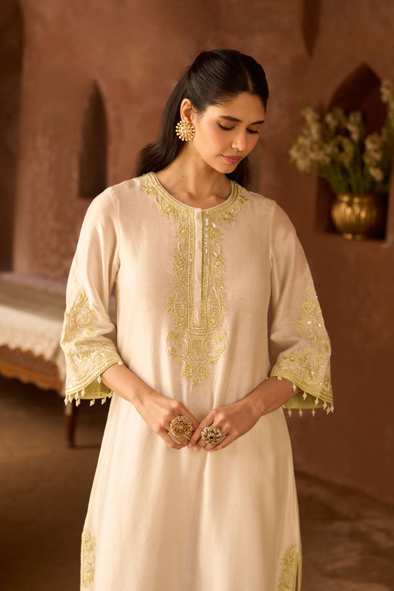 HANI - DAISY IVORY WITH MINT GREEN A-LINE KURTA WITH SALWAR AND DUPATTA silk organza kurta/kurta set by SHEETAL BATRA in daisy ivory with mint green for women in Singapore
