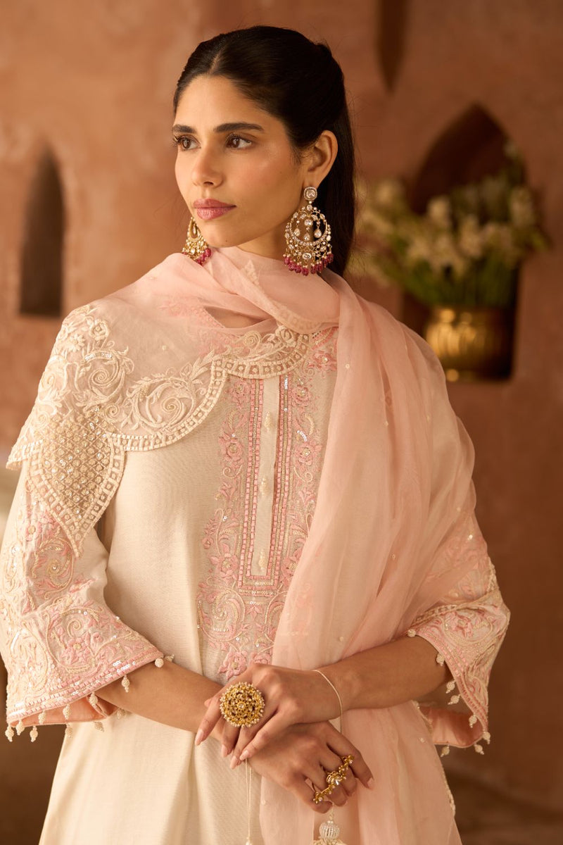 HANI - DAISY IVORY WITH PINK A-LINE KURTA WITH SALWAR AND DUPATTA silk organza kurta/kurta set by SHEETAL BATRA in daisy ivory with pink for women in Singapore