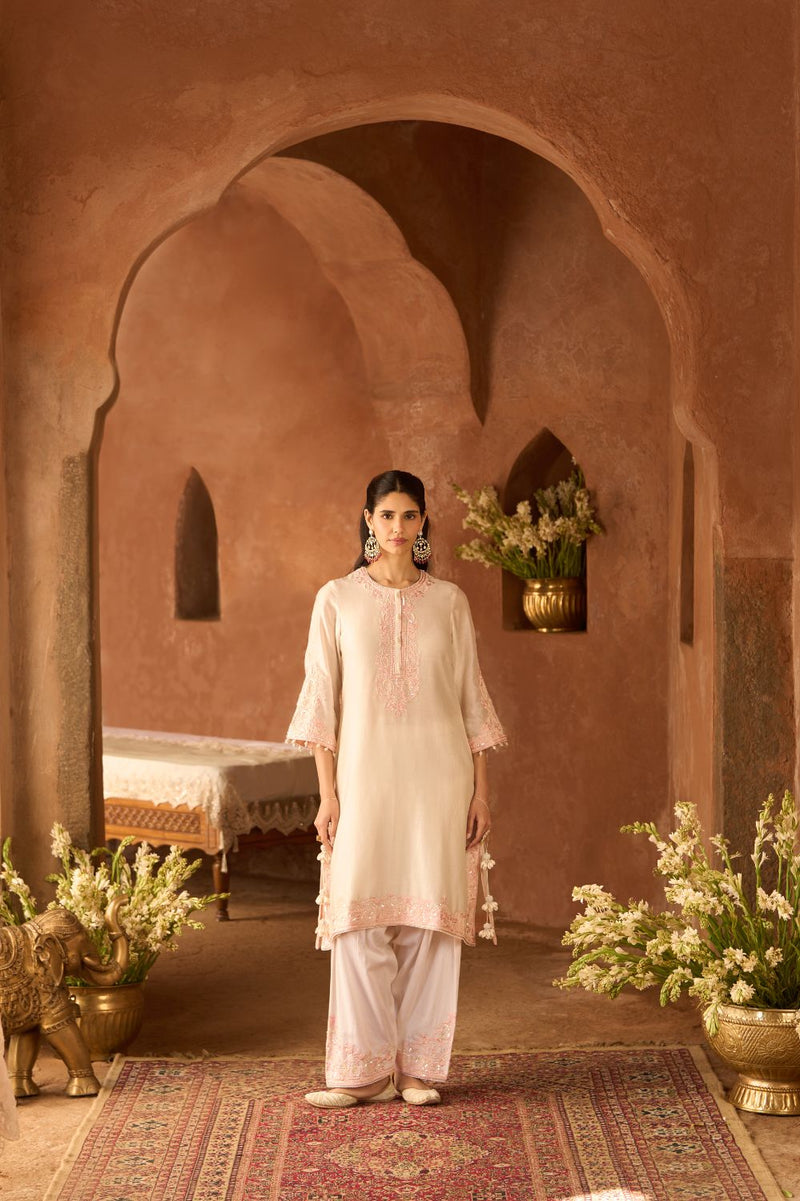 HANI - DAISY IVORY WITH PINK A-LINE KURTA WITH SALWAR AND DUPATTA silk organza kurta/kurta set by SHEETAL BATRA in daisy ivory with pink for women in Singapore