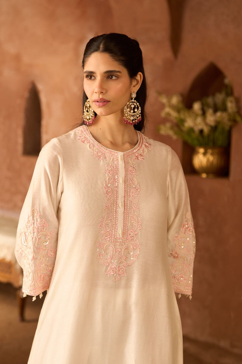 HANI - DAISY IVORY WITH PINK A-LINE KURTA WITH SALWAR AND DUPATTA silk organza kurta/kurta set by SHEETAL BATRA in daisy ivory with pink for women in Singapore