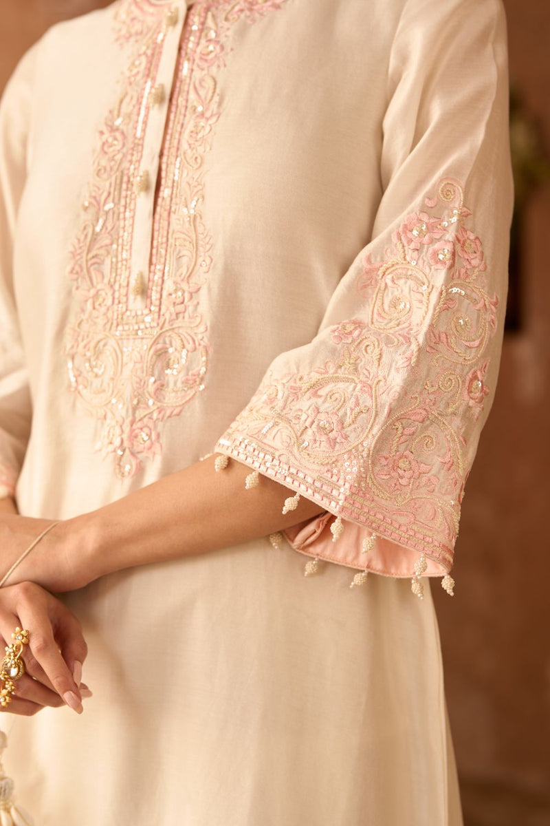 HANI - DAISY IVORY WITH PINK A-LINE KURTA WITH SALWAR AND DUPATTA silk organza kurta/kurta set by SHEETAL BATRA in daisy ivory with pink for women in Singapore