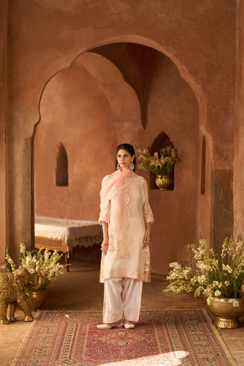 HANI - DAISY IVORY WITH PINK A-LINE KURTA WITH SALWAR AND DUPATTA silk organza kurta/kurta set by SHEETAL BATRA in daisy ivory with pink for women in Singapore