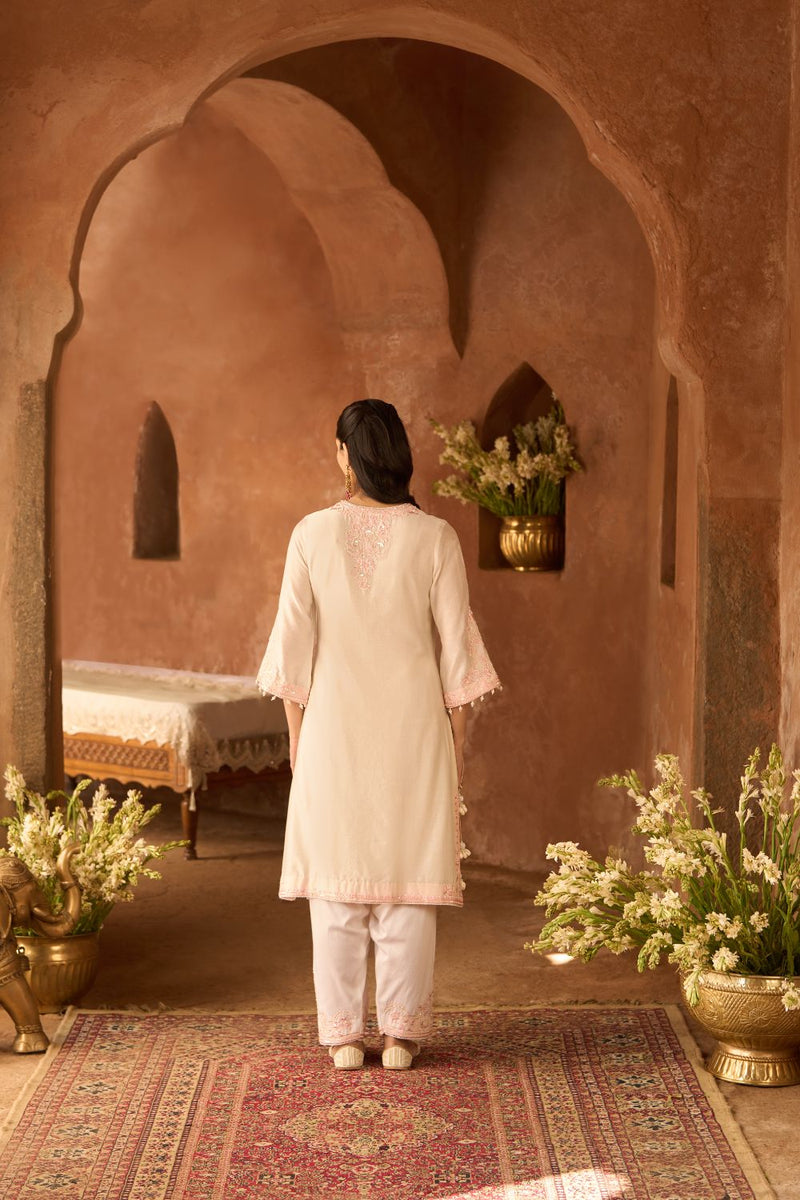 HANI - DAISY IVORY WITH PINK A-LINE KURTA WITH SALWAR AND DUPATTA silk organza kurta/kurta set by SHEETAL BATRA in daisy ivory with pink for women in Singapore
