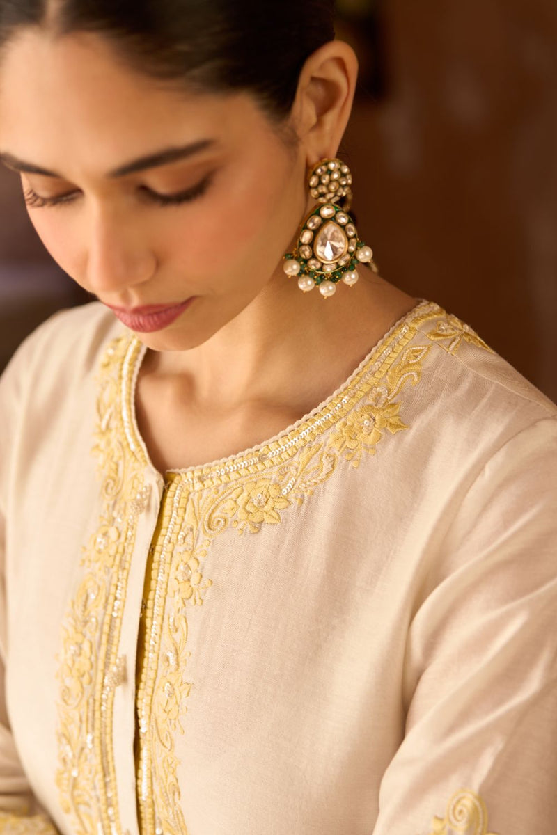 HANI - DAISY IVORY WITH LEMON YELLOW A-LINE KURTA WITH SALWAR AND DUPATTA silk organza kurta/kurta set by SHEETAL BATRA in daisy ivory with lemon yellow for women in Singapore