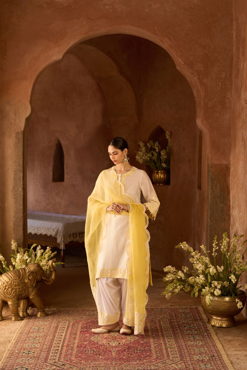 HANI - DAISY IVORY WITH LEMON YELLOW A-LINE KURTA WITH SALWAR AND DUPATTA silk organza kurta/kurta set by SHEETAL BATRA in daisy ivory with lemon yellow for women in Singapore