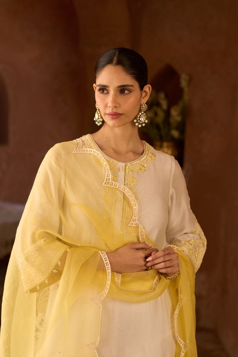 HANI - DAISY IVORY WITH LEMON YELLOW A-LINE KURTA WITH SALWAR AND DUPATTA silk organza kurta/kurta set by SHEETAL BATRA in daisy ivory with lemon yellow for women in Singapore