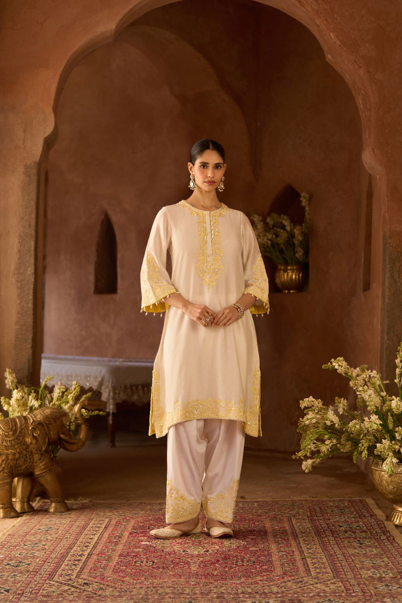 HANI - DAISY IVORY WITH LEMON YELLOW A-LINE KURTA WITH SALWAR AND DUPATTA silk organza kurta/kurta set by SHEETAL BATRA in daisy ivory with lemon yellow for women in Singapore