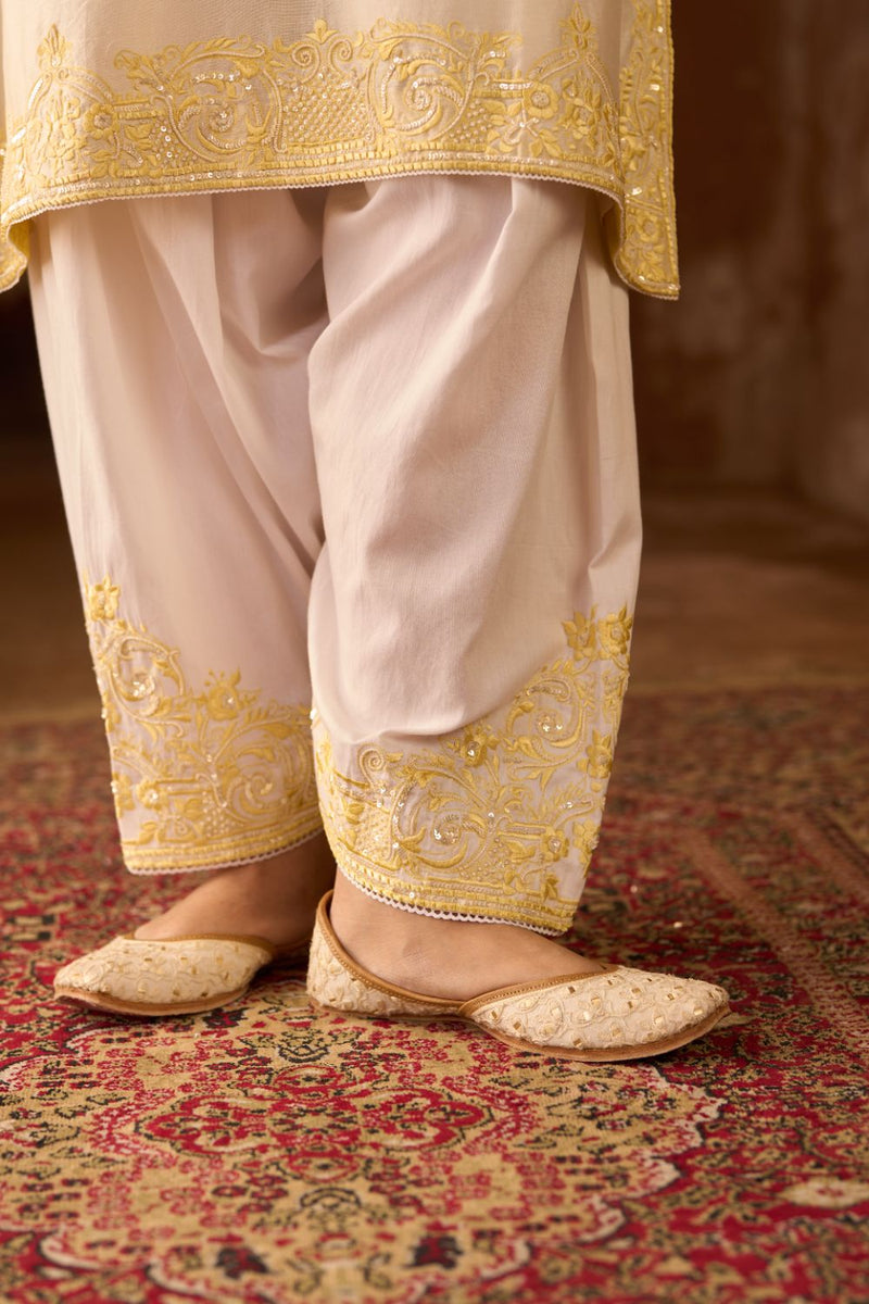 HANI - DAISY IVORY WITH LEMON YELLOW A-LINE KURTA WITH SALWAR AND DUPATTA silk organza kurta/kurta set by SHEETAL BATRA in daisy ivory with lemon yellow for women in Singapore