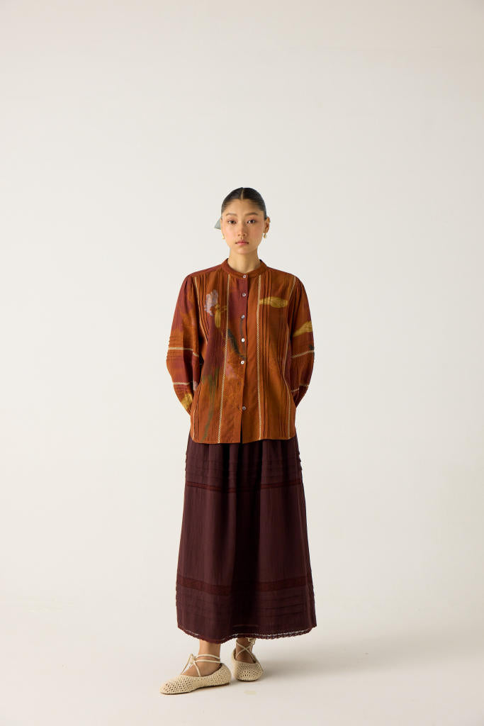 HAZEL SET -FOLIAGE+RUST (HAZEL TOP+EMILY SKIRT) cotton by CORD in multi for women in Singapore