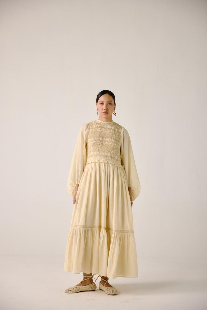 Heart smocked Dress-Ivory cotton by CORD for women in Singapore
