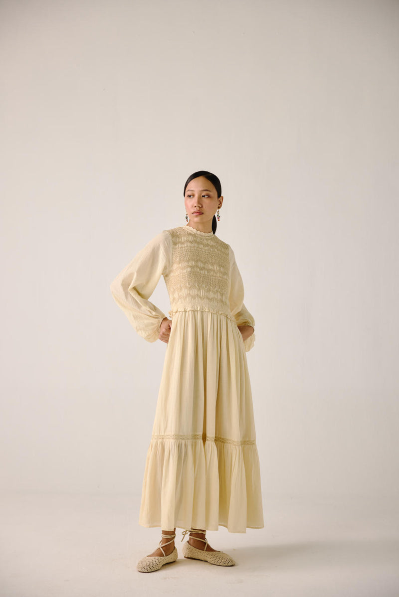 Heart smocked Dress-Ivory cotton by CORD for women in Singapore