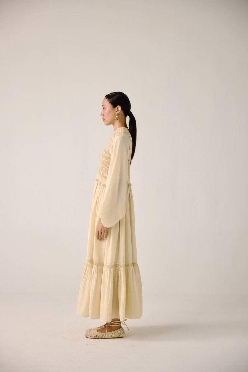 Heart smocked Dress-Ivory cotton by CORD for women in Singapore
