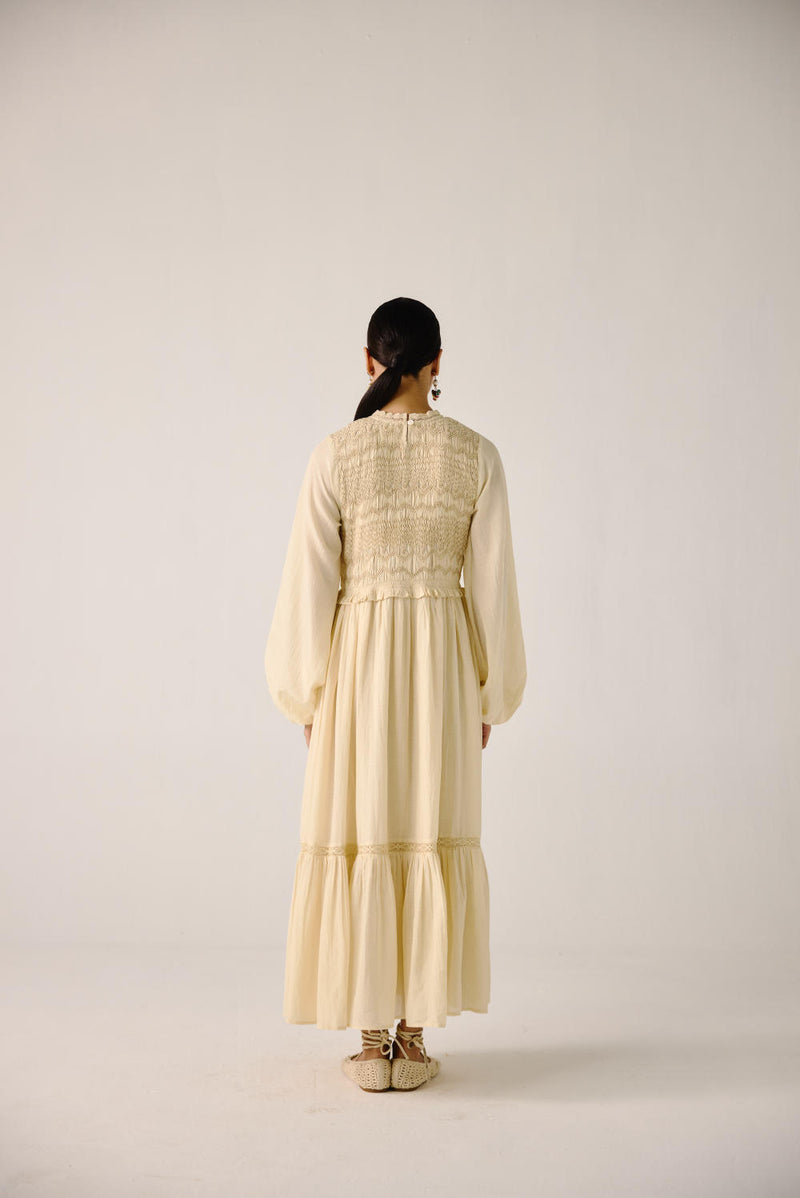 Heart smocked Dress-Ivory cotton by CORD for women in Singapore