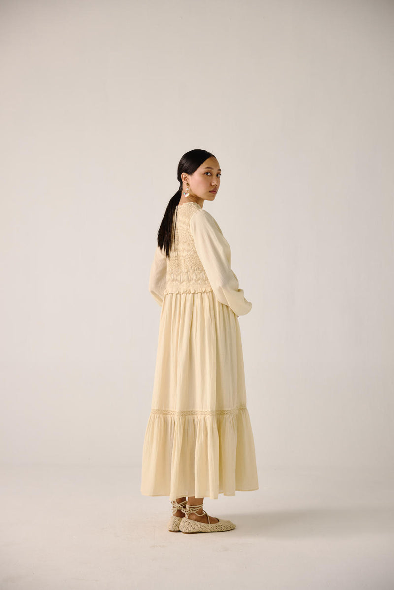 Heart smocked Dress-Ivory cotton by CORD for women in Singapore