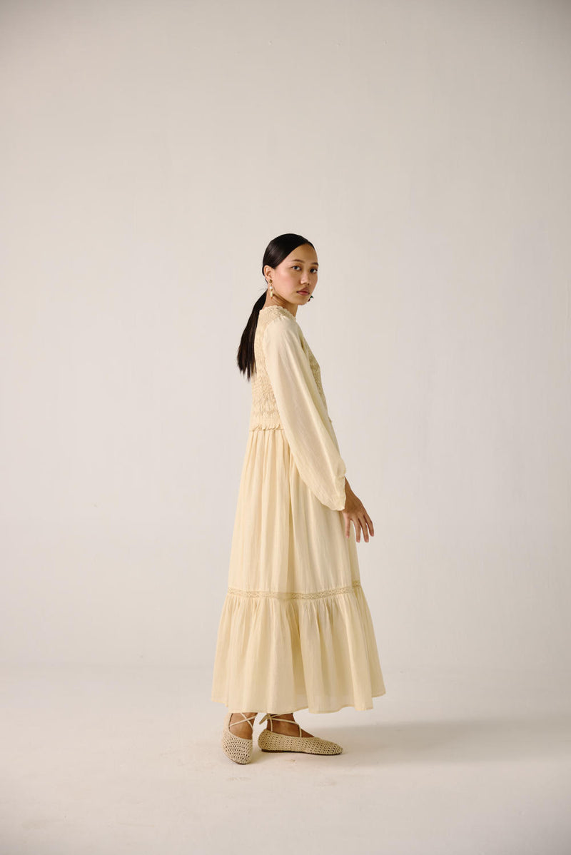 Heart smocked Dress-Ivory cotton by CORD for women in Singapore