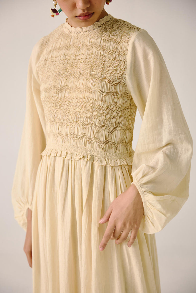 Heart smocked Dress-Ivory cotton by CORD for women in Singapore