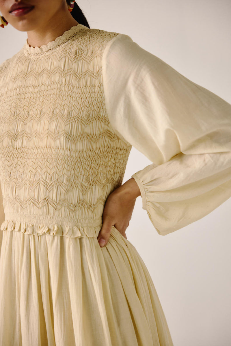 Heart smocked Dress-Ivory cotton by CORD for women in Singapore