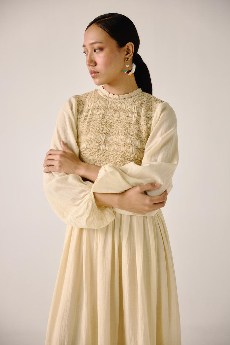 Heart smocked Dress-Ivory cotton by CORD for women in Singapore