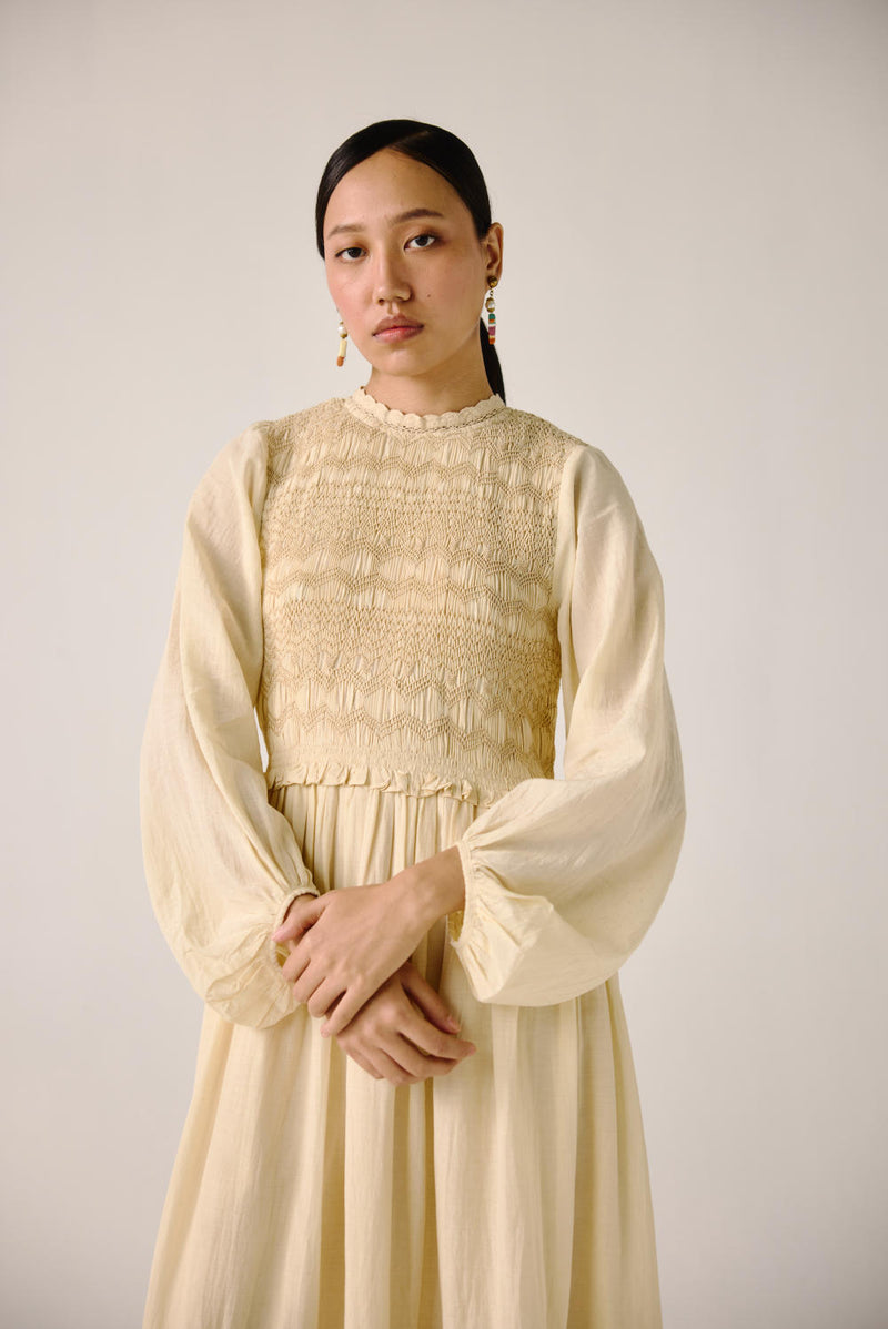 Heart smocked Dress-Ivory cotton by CORD for women in Singapore