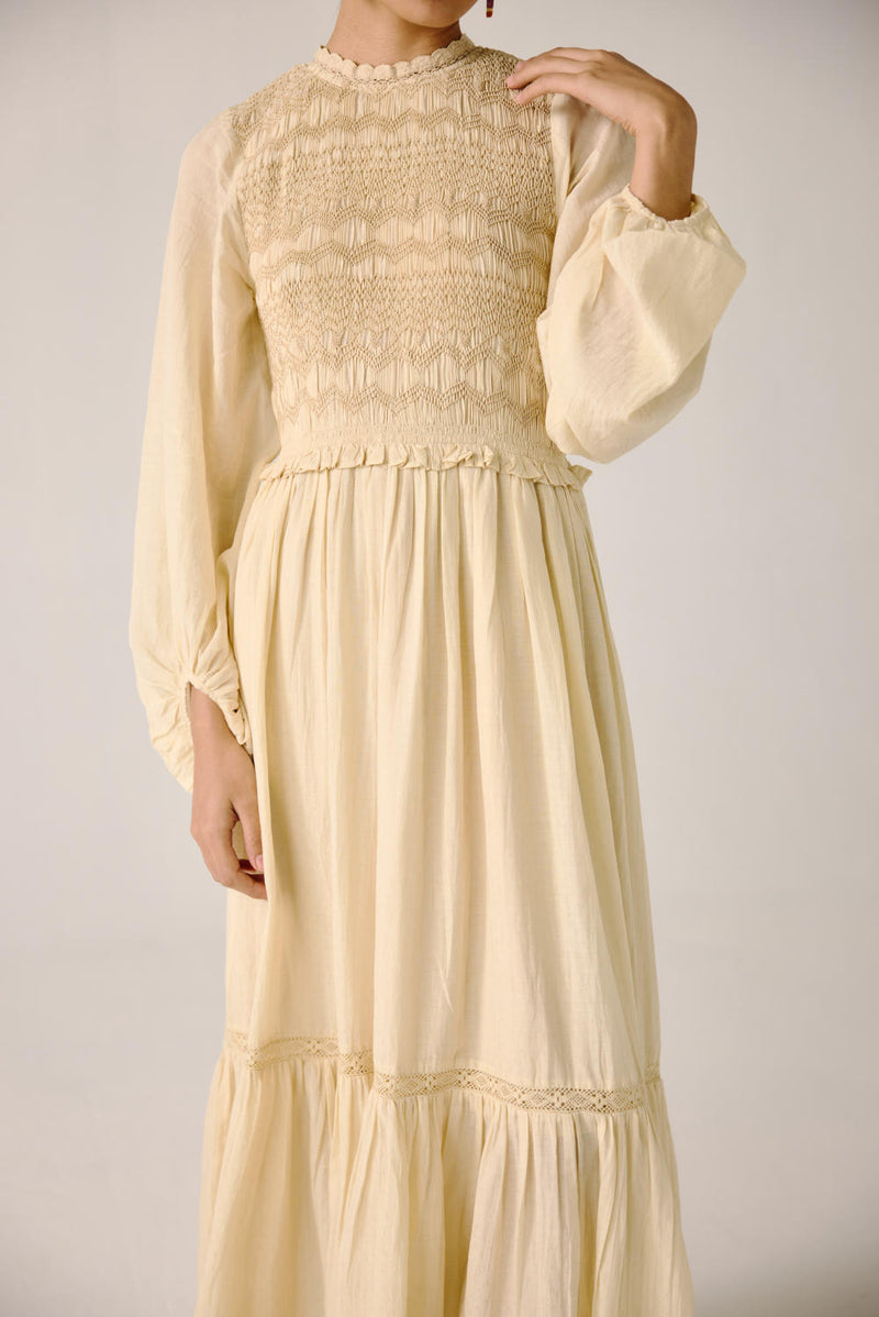Heart smocked Dress-Ivory cotton by CORD for women in Singapore