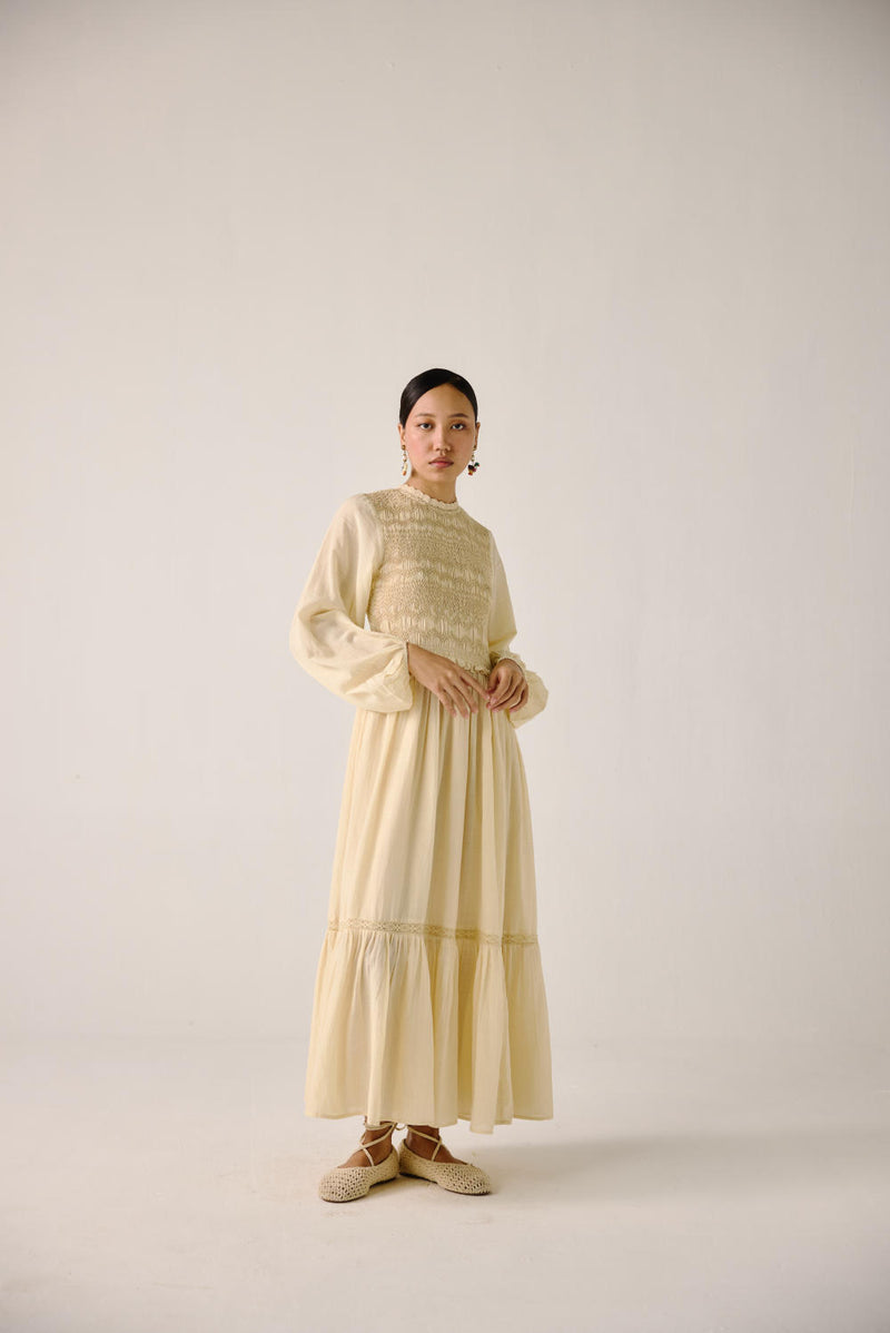 Heart smocked Dress-Ivory cotton by CORD for women in Singapore