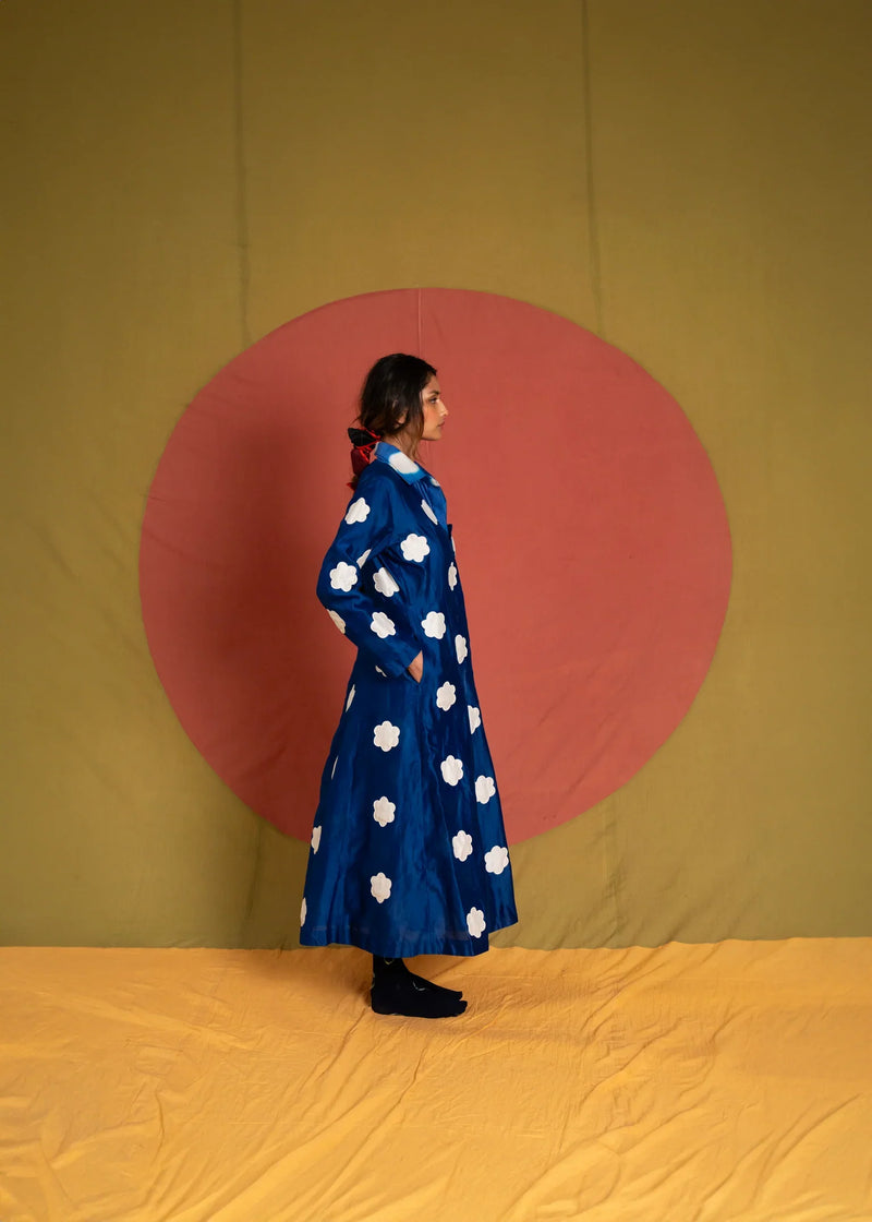 Heer Flower Tunic-White and Blue kala cotton tunics/kaftan by Ka-Sha in blue for women in Singapore