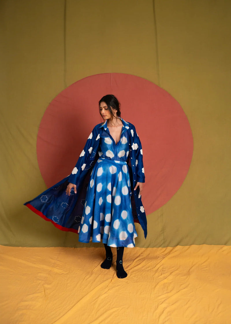 Heer Flower Tunic-White and Blue kala cotton tunics/kaftan by Ka-Sha in blue for women in Singapore