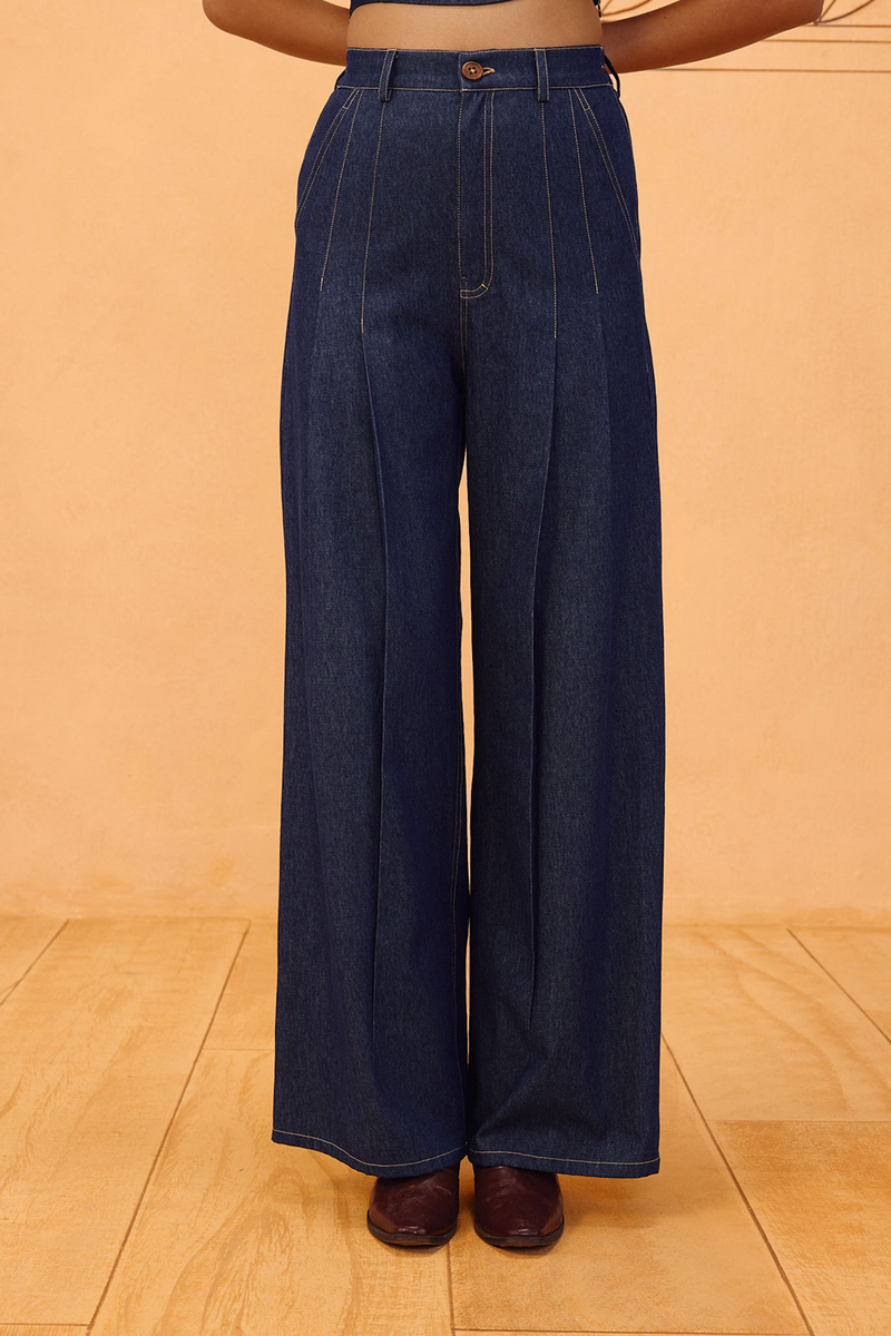 Heirloom Sustainable Denim Pleated Jeans denim pant/trouser by SUI in blue for women in Singapore