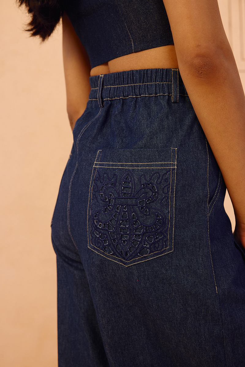 Heirloom Sustainable Denim Pleated Jeans denim pant/trouser by SUI in blue for women in Singapore