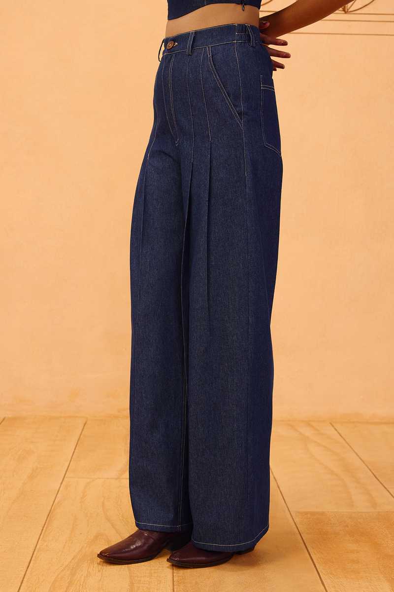 Heirloom Sustainable Denim Pleated Jeans denim pant/trouser by SUI in blue for women in Singapore