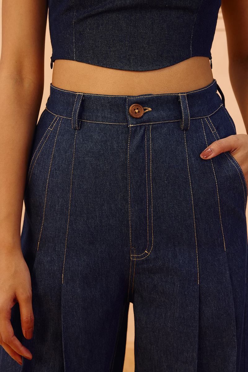 Heirloom Sustainable Denim Pleated Jeans denim pant/trouser by SUI in blue for women in Singapore