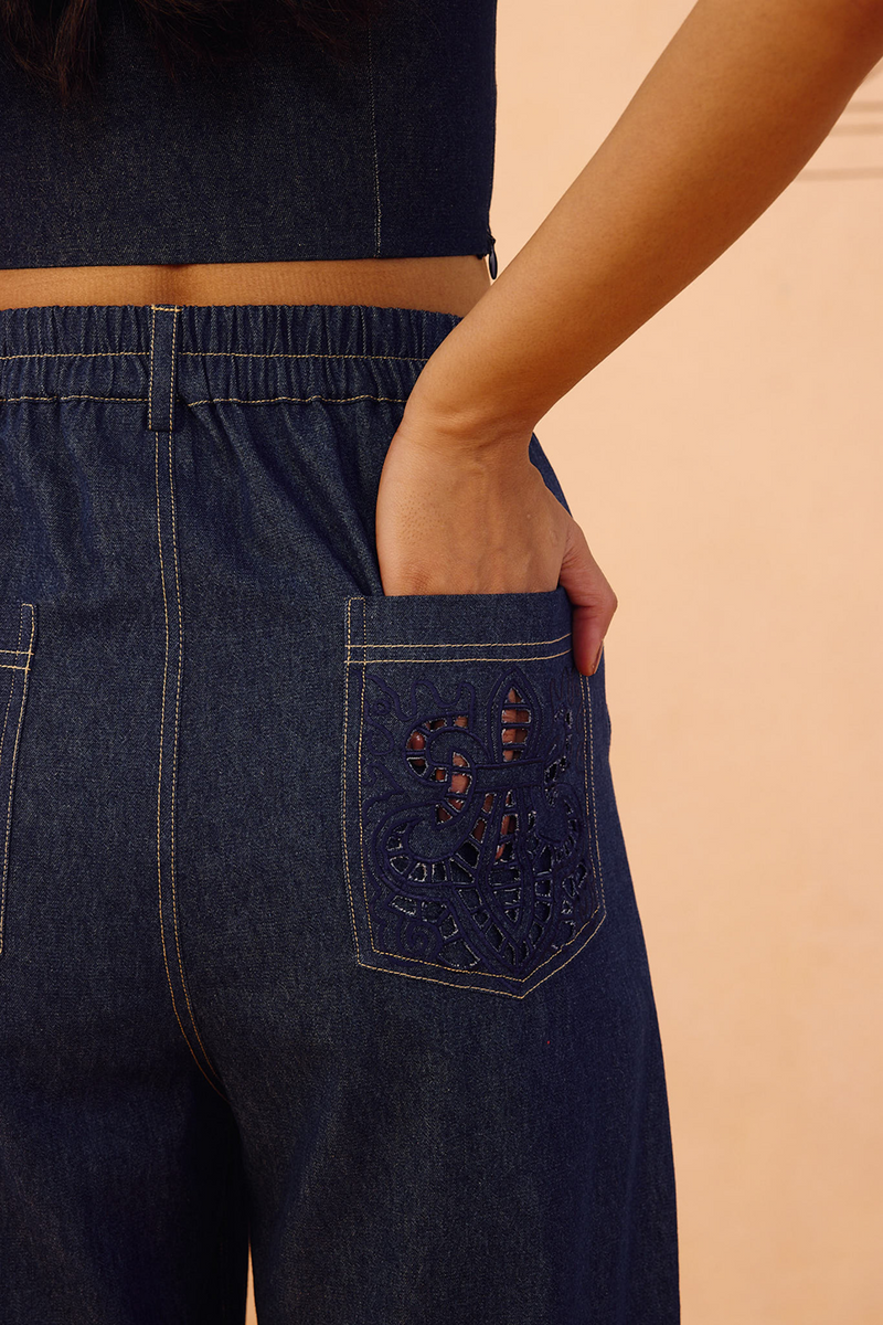 Heirloom Sustainable Denim Pleated Jeans denim pant/trouser by SUI in blue for women in Singapore