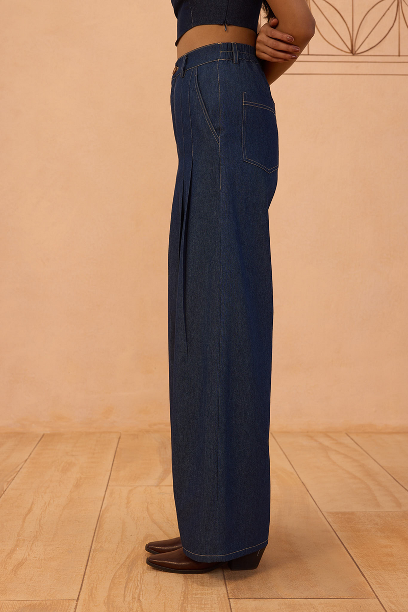 Heirloom Sustainable Denim Pleated Jeans denim pant/trouser by SUI in blue for women in Singapore