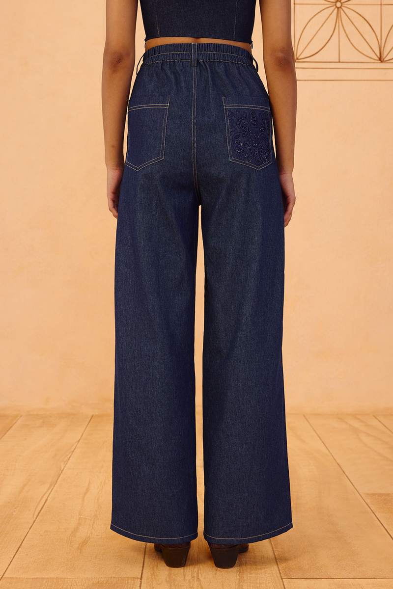 Heirloom Sustainable Denim Pleated Jeans denim pant/trouser by SUI in blue for women in Singapore
