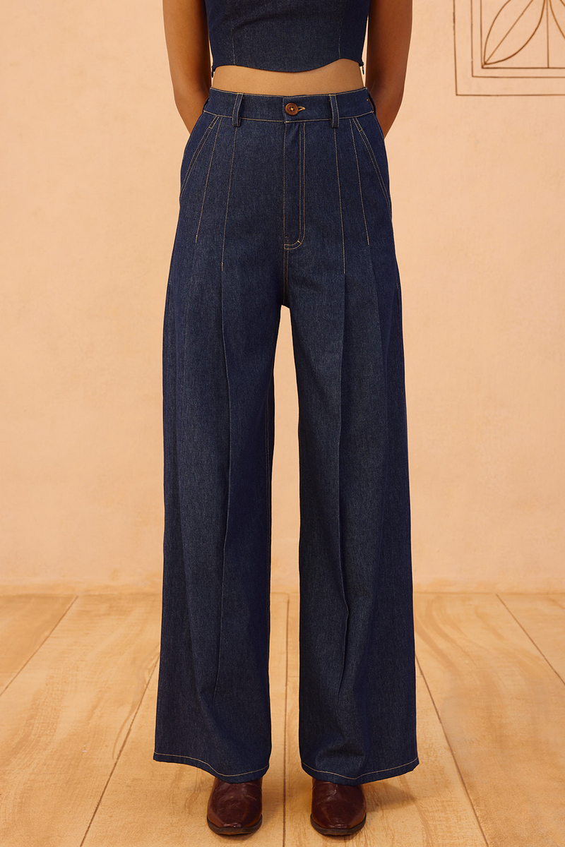 Heirloom Sustainable Denim Pleated Jeans denim pant/trouser by SUI in blue for women in Singapore