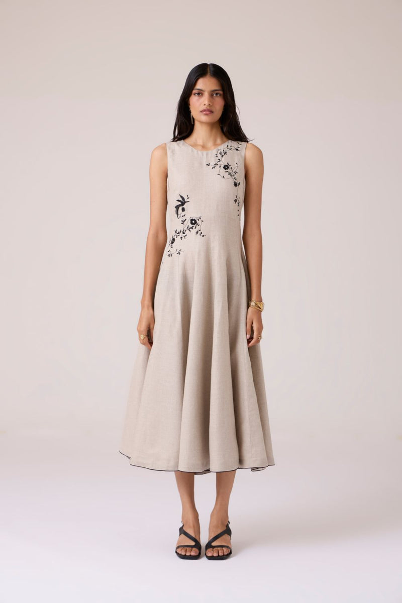 Helios Beige Embroidered Dress linen by The Summer House in beige color for women in Singapore