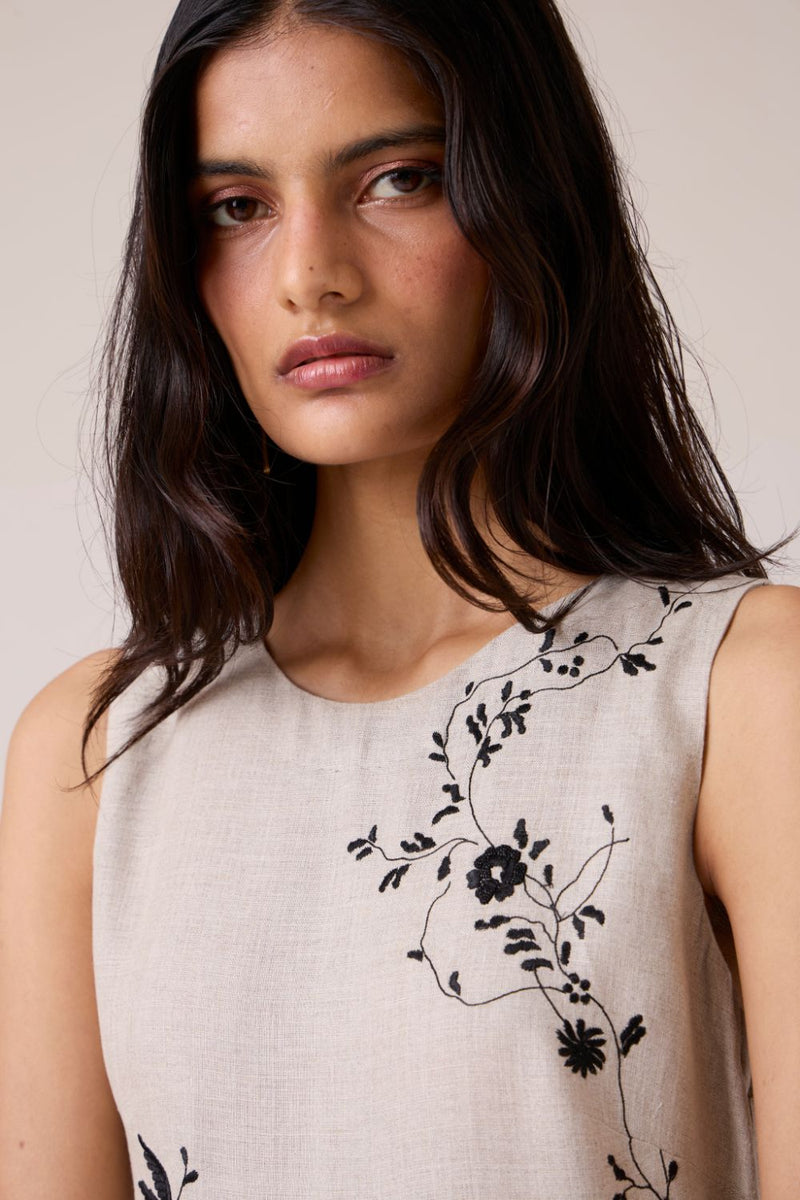 Helios Beige Embroidered Dress linen by The Summer House in beige color for women in Singapore