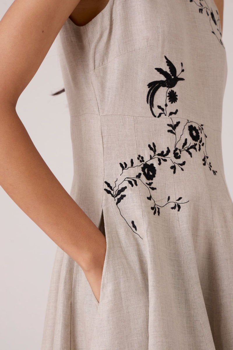 Helios Beige Embroidered Dress linen by The Summer House in beige color for women in Singapore