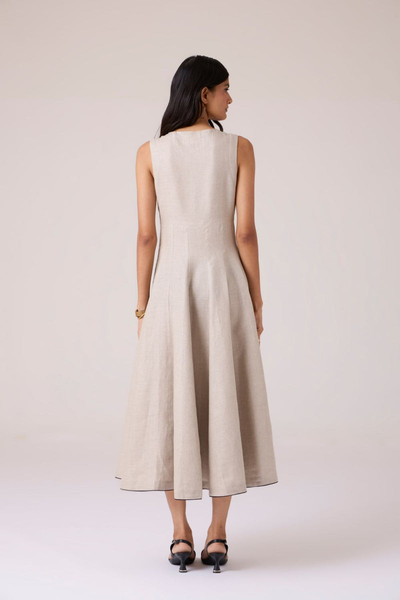 Helios Beige Embroidered Dress linen by The Summer House in beige color for women in Singapore