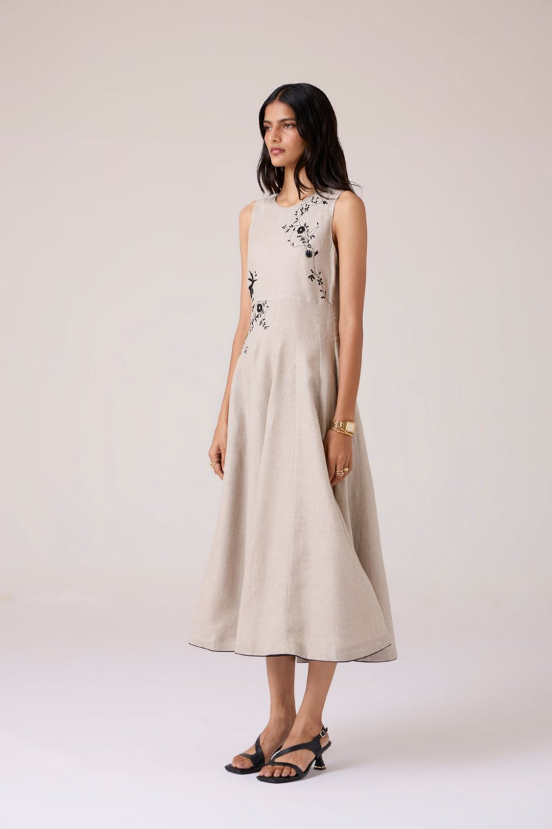 Helios Beige Embroidered Dress linen by The Summer House in beige color for women in Singapore