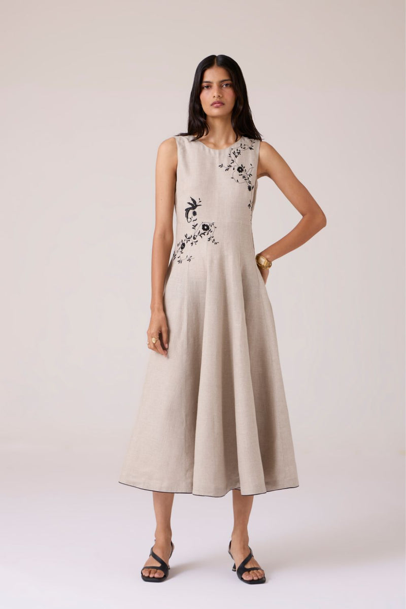 Helios Beige Embroidered Dress linen by The Summer House in beige color for women in Singapore