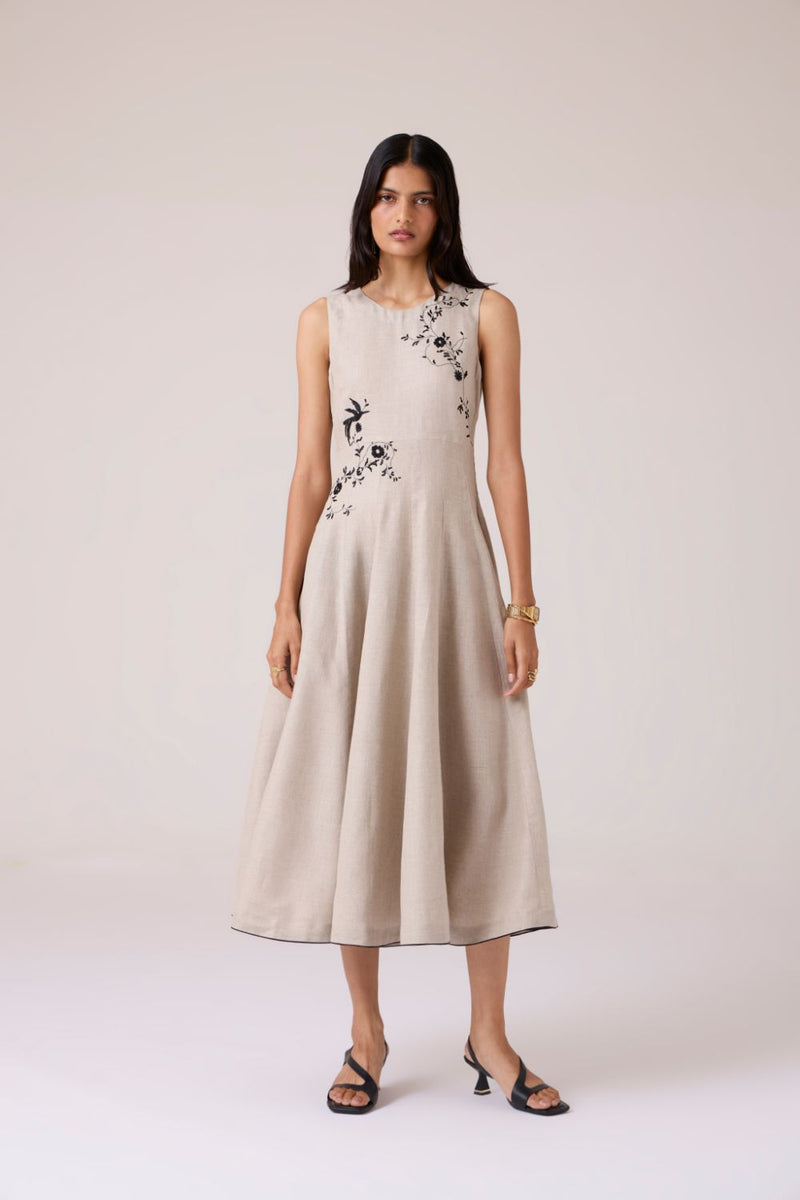 Helios Beige Embroidered Dress linen by The Summer House in beige color for women in Singapore