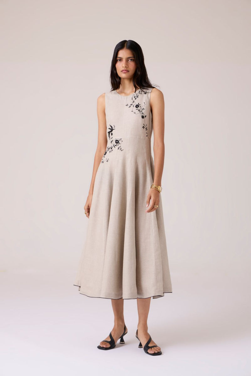 Helios Beige Embroidered Dress linen by The Summer House in beige color for women in Singapore