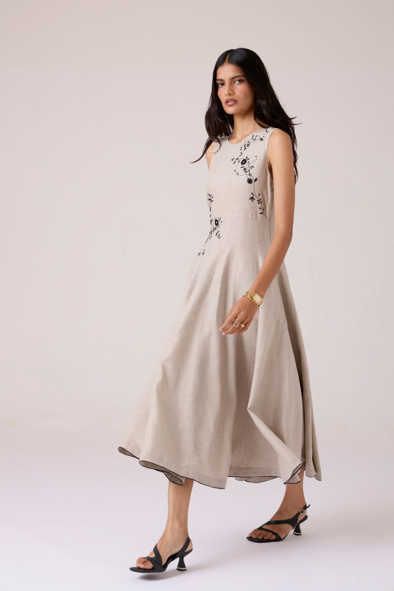 Helios Beige Embroidered Dress linen by The Summer House in beige color for women in Singapore