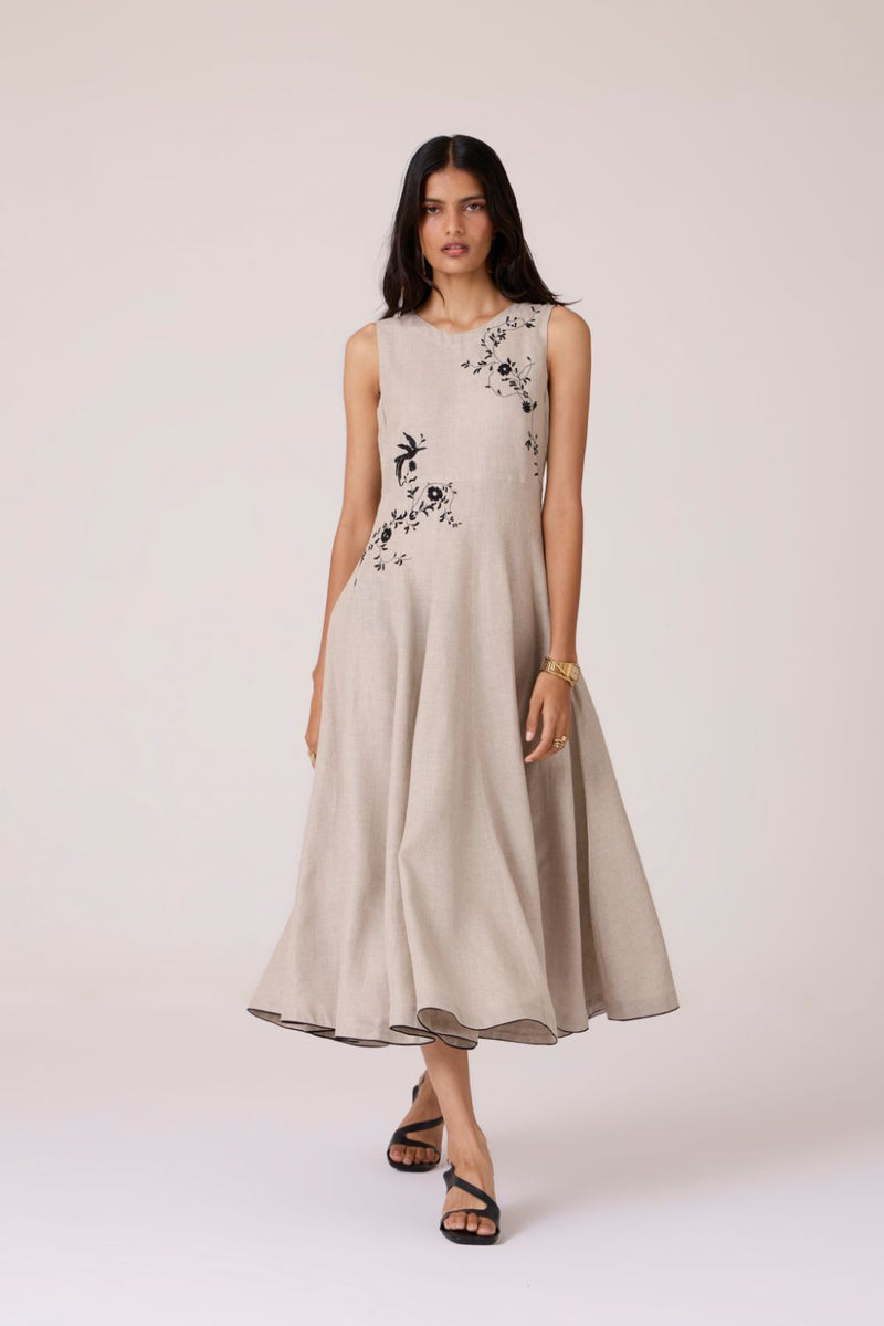 Helios Beige Embroidered Dress linen by The Summer House in beige color for women in Singapore