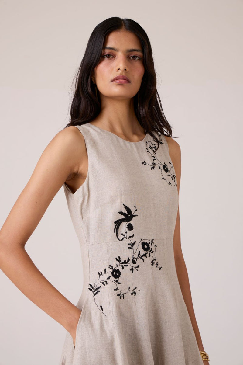 Helios Beige Embroidered Dress linen by The Summer House in beige color for women in Singapore